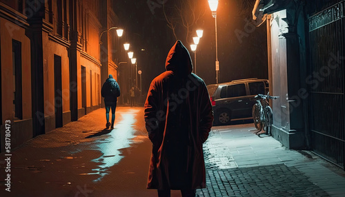 Robber in hood watches woman silhouette walking alone dark street, suspicious man hunts for female single victim on deserted street. Rear view maniac in hood wanted to rape woman, generative AI