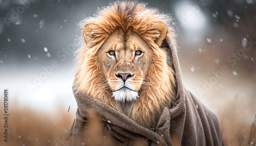 The Snowy Monarch  A Majestic Lion in Winter Garb. Generative AI