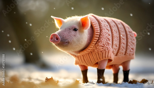 Pork in Parka: A Cute Portrait of a Pig in Winter Clothes. Generative AI