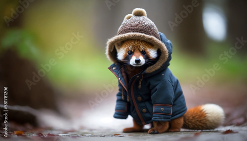 Winter Reds: An Adorable Portrait of a Red Panda in Cold Weather Gear. Generative AI