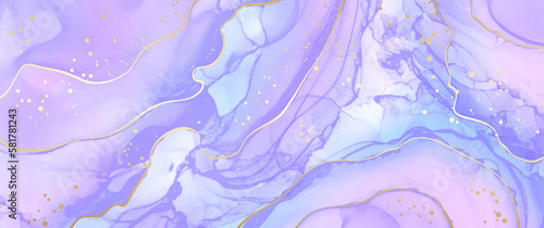 Abstract blue and pink vector background with gold glitter for cover design, card, flyer, poster and invitation. Hand drawn ink illustration. Fluid art. Modern watercolor backdrop.