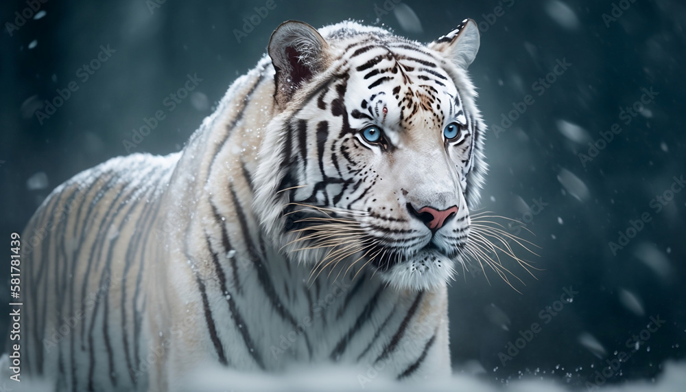 Majestic White Tiger in Winter Clothes: A Captivating Portrait of Braving the Snow. Generative AI