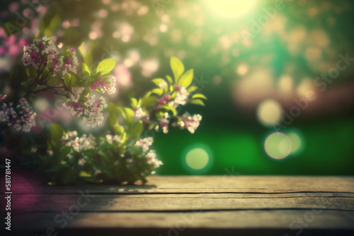 Springtime Blooms on Wooden Table amidst Lush Garden with Softly Blurred Bokeh Lights and Flare Reflections © lovephotos