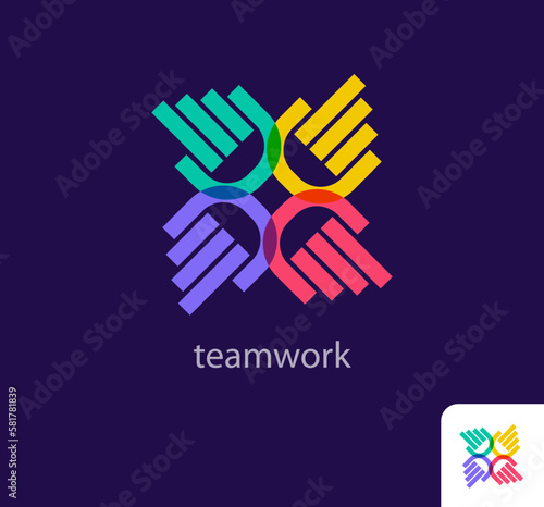 Teamwork and people raising hands, idea of ​​solidarity, modern logo. Unique color transitions. Company logo template. vector