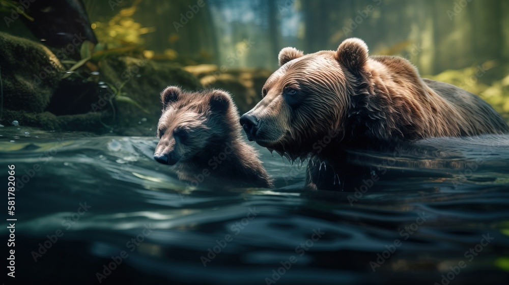 a mother Bear and her Cub swimming in the water. Mother and child concept. Father and child concept. Generative AI. a mother Bear and her Cub swimming in the water. Mother and child concept. Father and child concept. Generative AI.