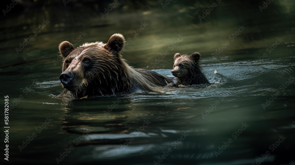 a mother Bear and her Cub swimming in the water. Mother and child concept. Father and child concept. Generative AI. a mother Bear and her Cub swimming in the water. Mother and child concept. Father and child concept. Generative AI.
