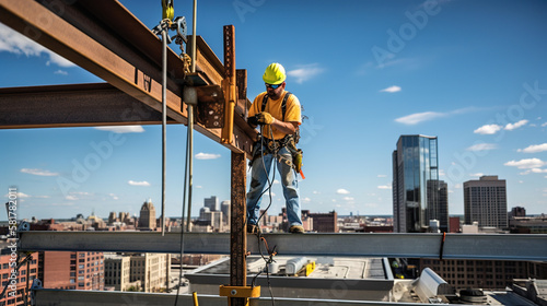 Man working as a builder on heights. Construction of buildings. generate by ai