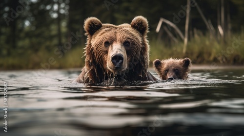 a mother Bear and her Cub swimming in the water. Mother and child concept. Father and child concept. Generative AI.