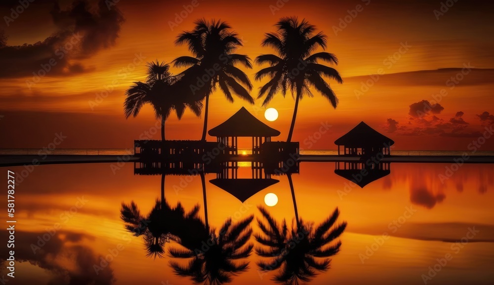 Overwater bungalow at sunset. Amazing paradise islands of Maldives. Generative AI