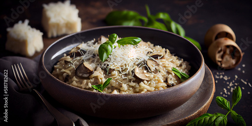 A bowl of mushroom risotto with parmesan and fresh herbs generated by AI