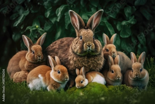 Bunch of healthy, adorable, brown, fluffy Easter bunnies with fluffy babies on a background of a green landscape. The brown hares of Easter. An up close view of a rabbit. Generative AI