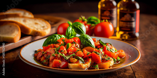 A plate of bruschetta with fresh tomatoes, basil, and olive oil generated by AI