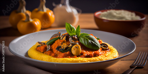 A plate of creamy polenta with mushrooms and tomato sauce generated by AI photo