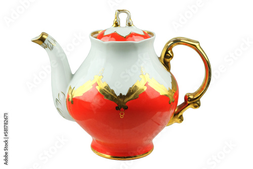 Porcelain teapot isolated on a white background. Tea pot with patterns.