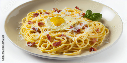 A plate of spaghetti alla carbonara with eggs, bacon, and parmesan cheese generated by AI