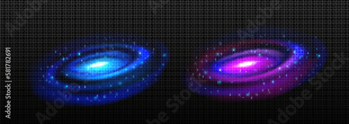 Realistic neon blue circular motion in outer space isolated on transparent background. Abstract black hole in cosmic galaxy with stars shining bright in night sky. Infinity portal with nebula effect
