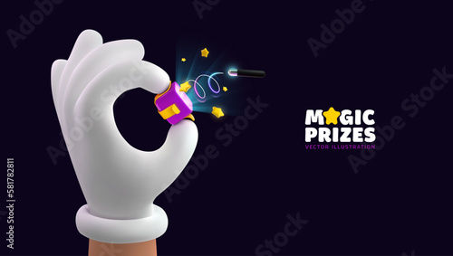 Vector 3d cartoon magician holding explosion mystery gift box with wand and magic stars on dark background. Circus illusionist. Winning gifts lottery 