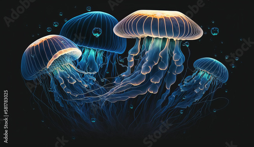 Neon jellyfish in sea deep blue water. Abstract fantasy jellyfish on a dark background.