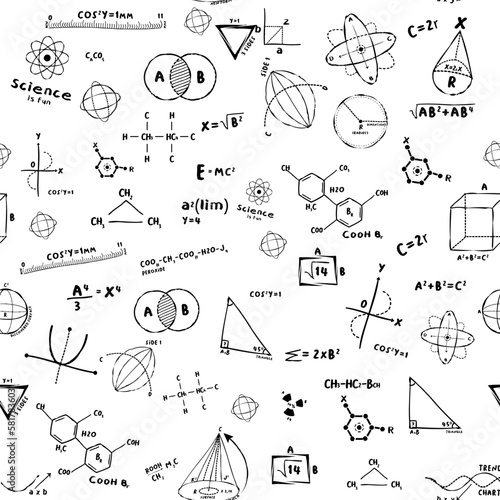 Seamless repeating pattern with science, math equations, chemistry and quantum physics research with geometrical figures on a blackboard at school photo