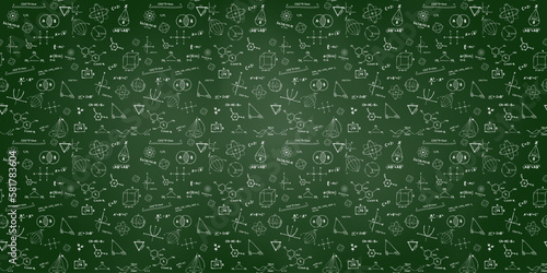 Seamless repeating pattern with science, math equations, chemistry and quantum physics research with geometrical figures on a blackboard at school