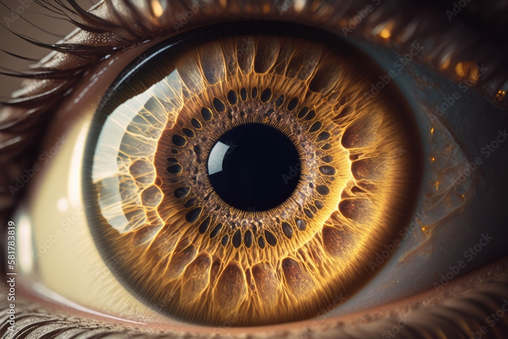 A brown eye with a lot of structure is shown up close. A gorgeous brown eye is shown up close. Generative AI
