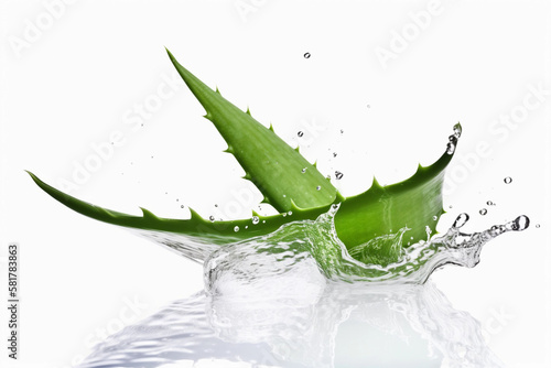 Aloe Vera Leaf with water splash isolated on white background. generative ai