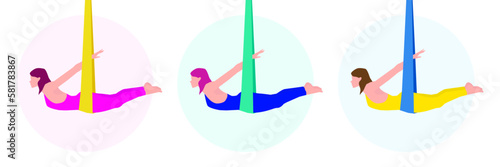 Aerial yoga. Woman practicing yoga in a hammock. Vector yoga design elements