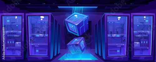 Modern data center room interior design. Vector cartoon illustration of office with server hardware, information security, crypto mining farm, computer hosting equipment. Communication technology
