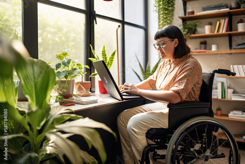 Woman in a wheelchair working, handicap and disability. generate by ai