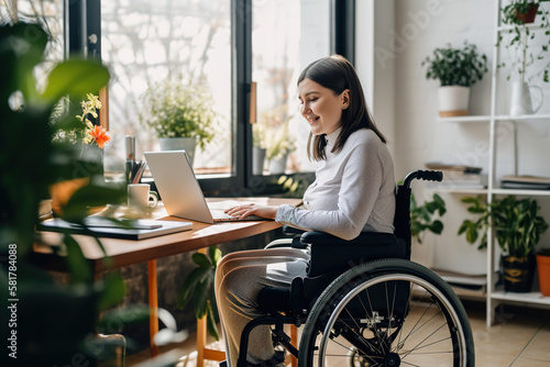 Woman in a wheelchair working, handicap and disability. generate by ai