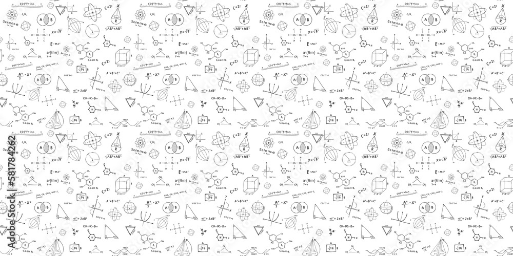 Transparent seamless repeating pattern with science, math equations, chemistry and quantum physics research with geometrical figures on a blackboard at school - obrazy, fototapety, plakaty 