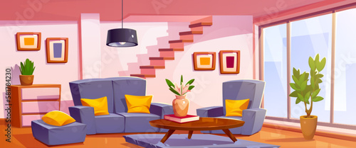 Cartoon living room interior design with furniture and decor. Vector illustration of apartment with couch and cushions, armchairs, wooden table, pictures on wall, staircase and window, carpet on floor