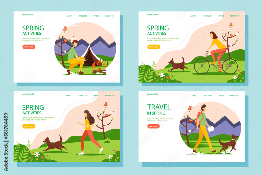 Spring activity web banner set. The concept of an active and healthy lifestyle. illustration in flat style. Spring activity web banner set. The concept of an active and healthy lifestyle. illustration in flat style.