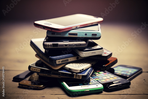 Pile of cell phones sitting next to each other on top of wooden table. Generative AI.