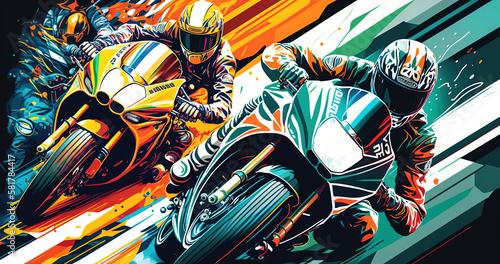 Motorbike racing in motion, motorcycle racer on the road colorful illustration photo