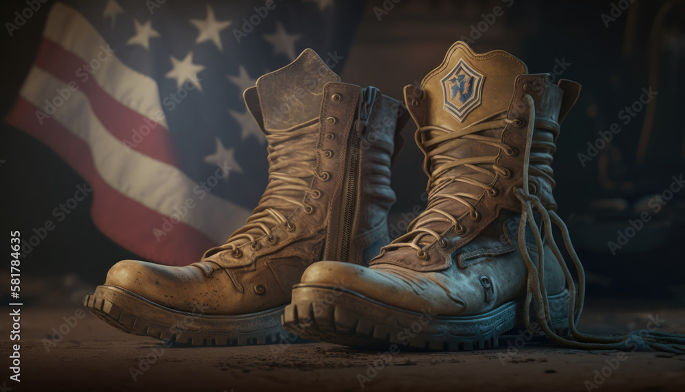 Old army combat boots stand against the background of the American flag created with generative AI technology