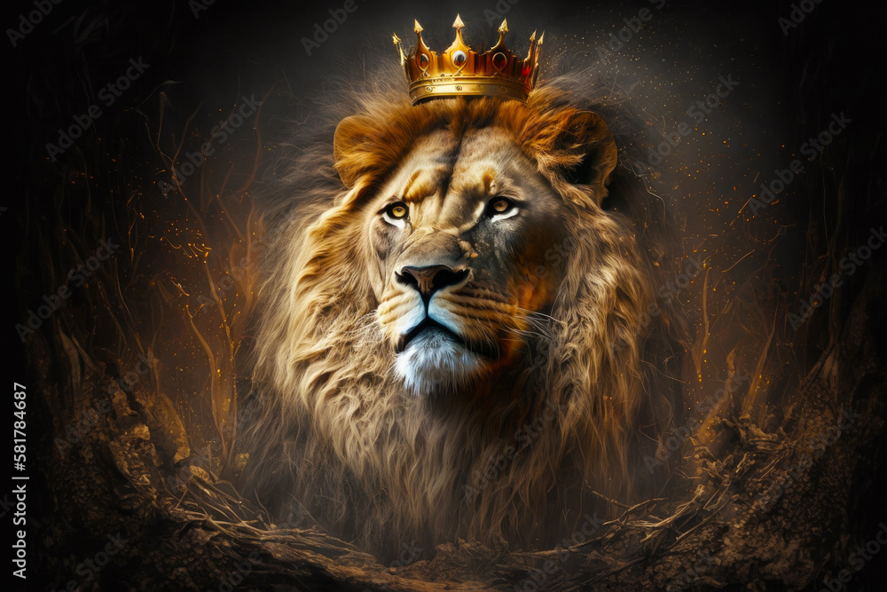 Lion with crown on it's head in front of dark background. Generative AI.