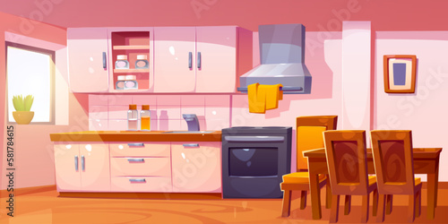 Kitchen interior with dining table, oven, hood, counter and shelves. Home room with furniture for cooking and dining, jars, wooden chairs and window, vector cartoon illustration
