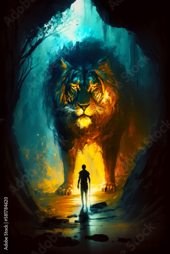 Man standing in front of large tiger in dark forest with yellow and blue colors. Generative AI.