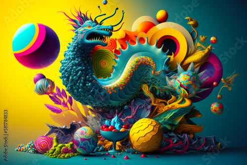 Blue dragon sitting on top of pile of different colored balls in the air. Generative AI. © valentyn640