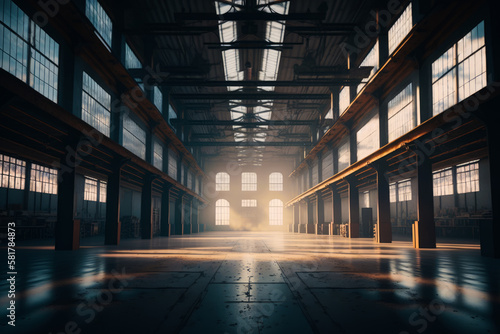 Empty warehouse with lots of windows and bright light coming through the window panes. Generative AI.