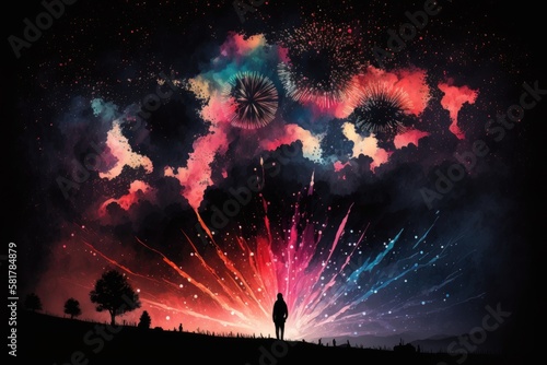 Black sky with colorful fireworks in the distance. Generative AI