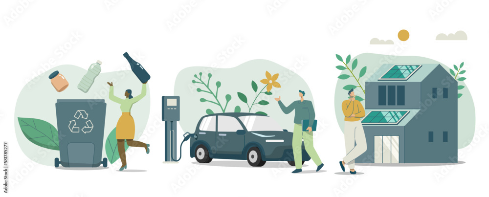 Set of Eco friendly sustainable, Waste recycling project, Electric car charging station, Modern ecology house and solar panels, 
Renewable energy sources concept, Vector design illustration.