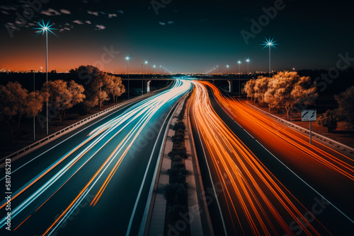 Long exposure photo of highway at night with the lights of cars streaking by. Generative AI.
