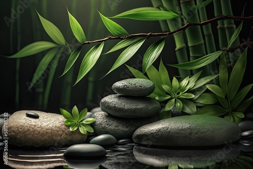 Relaxing spa scene with smooth stones, green bamboo plants, and soft lighting. Generative AI illustration.