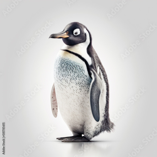 Penguin with black and white head and black and white body  standing on white background. Generative AI.