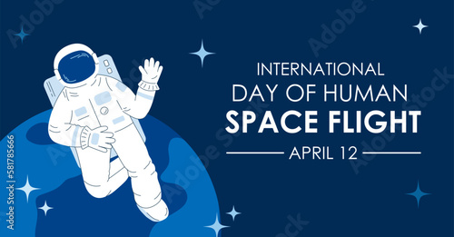International day of human space flight background. Astronaut flying in space. Flat line style design.