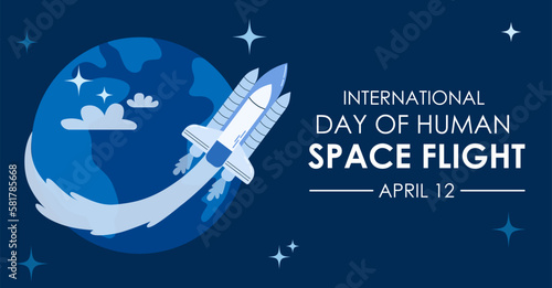 International day of human space flight on April 12. The rocket flies around the earth in space. Flat Cartoon Illustration in Hand Drawn style.