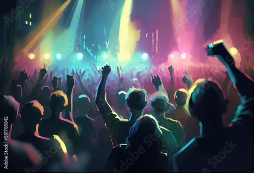 Crowd raising their hands at music concert. Audience enjoying rock  dance  edm and club festival party. Cartoon painting illustration. Generative AI