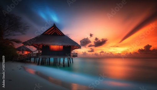 Overwater bungalow at sunset. Amazing paradise islands of Maldives. Generative AI